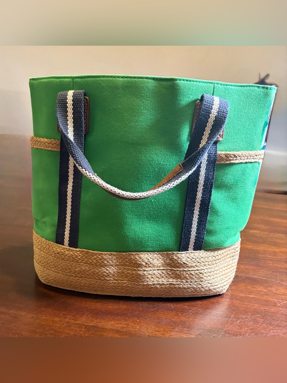 Tommy Hilfiger Green Canvas Tote Bag Woven Jute Straw Bottom Striped Handles